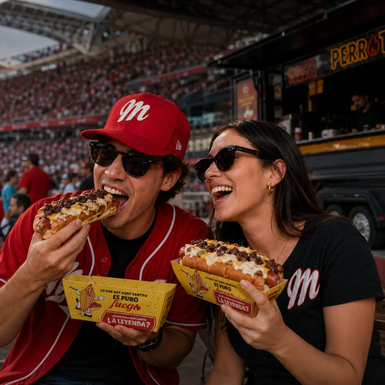 Fans disfrutando un Hot Perrote en el estadio